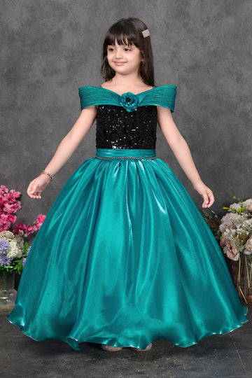 Teal & Black Sequin Party Gown with Off-Shoulder Design – Girls’ Designer Dress