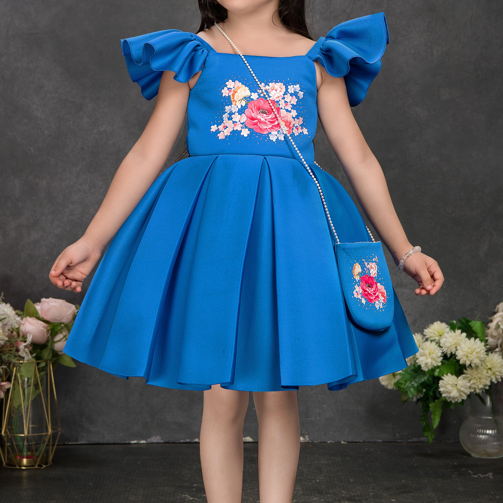 Royal Blue Floral Embroidered Party Dress for Girls – Puff Sleeve Design with Matching Bag