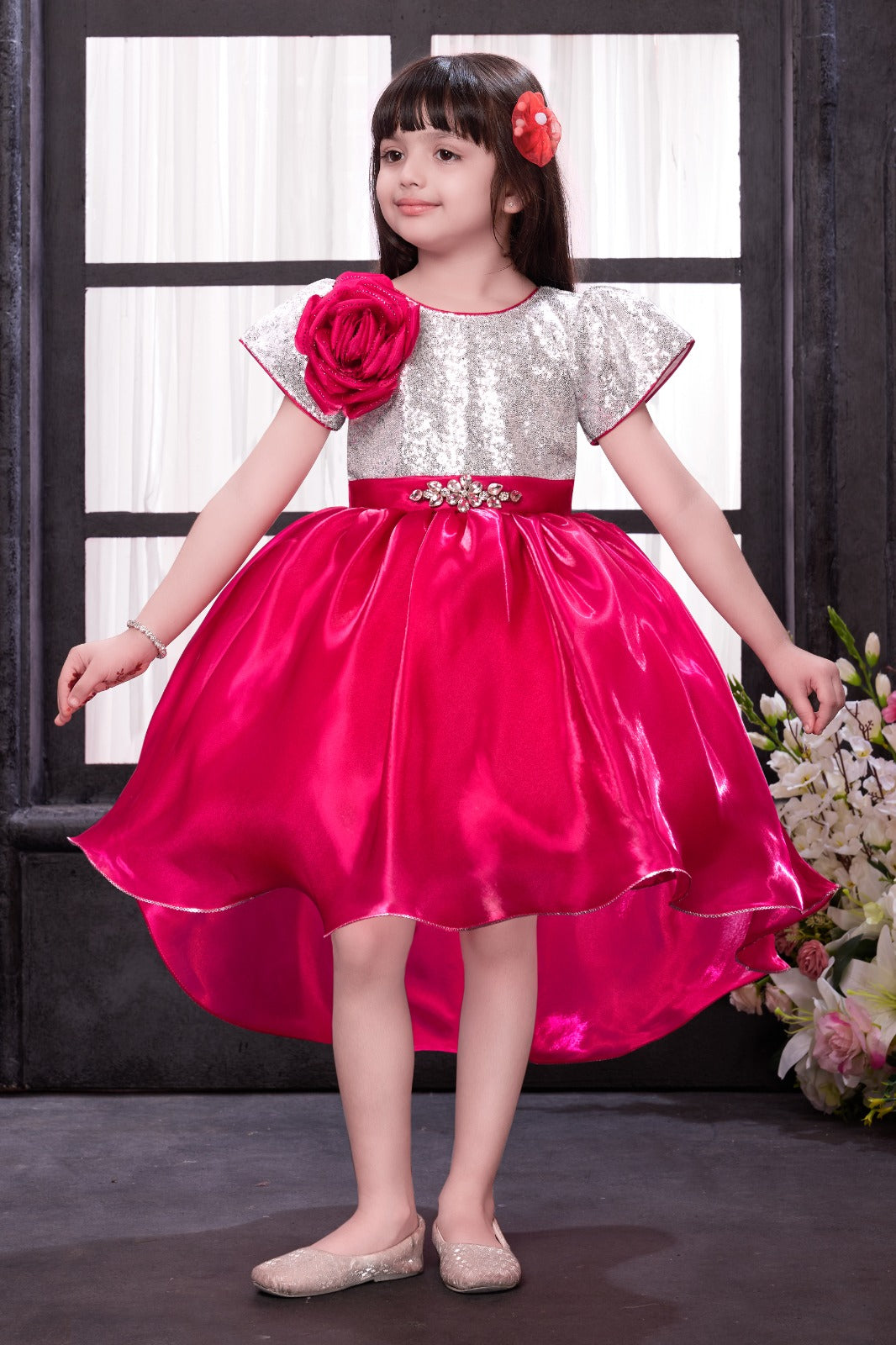 Fuchsia Pink & Silver Sequin Party Gown for Girls – High-Low Satin Flair with Floral Accent