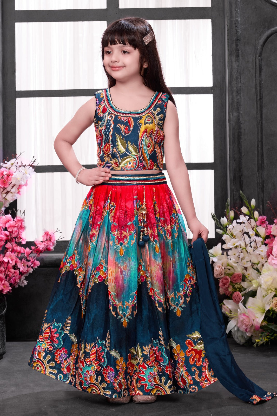 Multicolor Designer Lehenga Set for Girls – Ethnic Embroidered Partywear with Dupatta