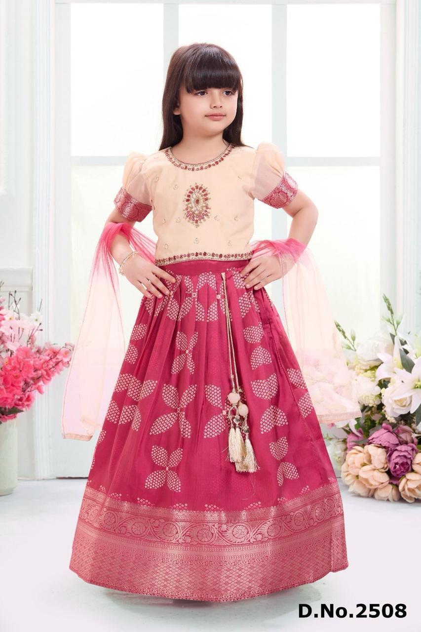 Peach and Pink Brocade Lehenga Set with Embellished Blouse