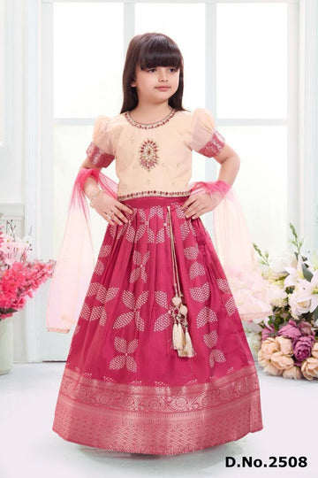 Peach and Pink Brocade Lehenga Set with Embellished Blouse