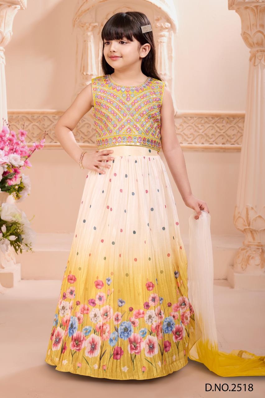 Yellow and Cream Floral Printed Gown with Embroidered Bodice