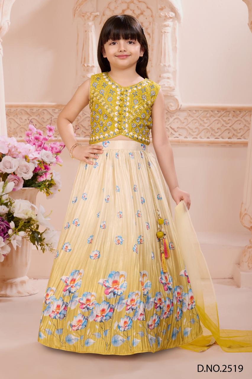 Mustard Yellow Embroidered Crop Top and Floral Print Lehenga Set