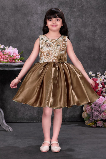 Golden Brown Embroidered Party Wear Dress for Girls | Luxury Kids Dress