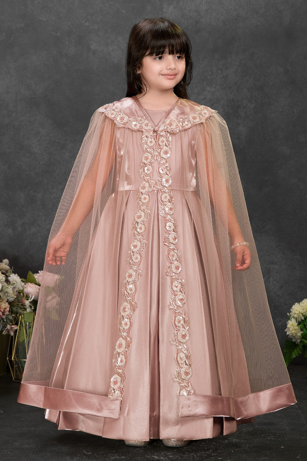 Blush Pink Embroidered Party Wear Gown for Girls | Luxury Kids Dress
