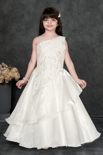 Pearl White One-Shoulder Party Wear Gown for Girls | Luxury Kids Dress