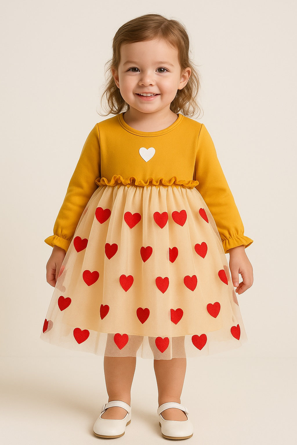 Mustard Yellow Cotton Frock with Red Heart Tulle Skirt for Baby Girls – Soft & Stylish
