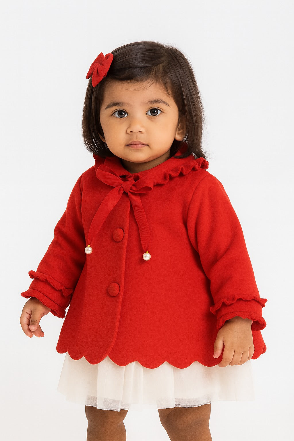 Girls’ Elegant Red Woolen Jacket | Ruffle Sleeves with Pearl Bow Accent