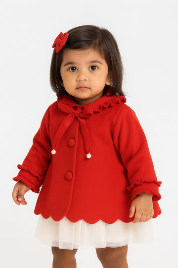 Girls’ Elegant Red Woolen Jacket | Ruffle Sleeves with Pearl Bow Accent