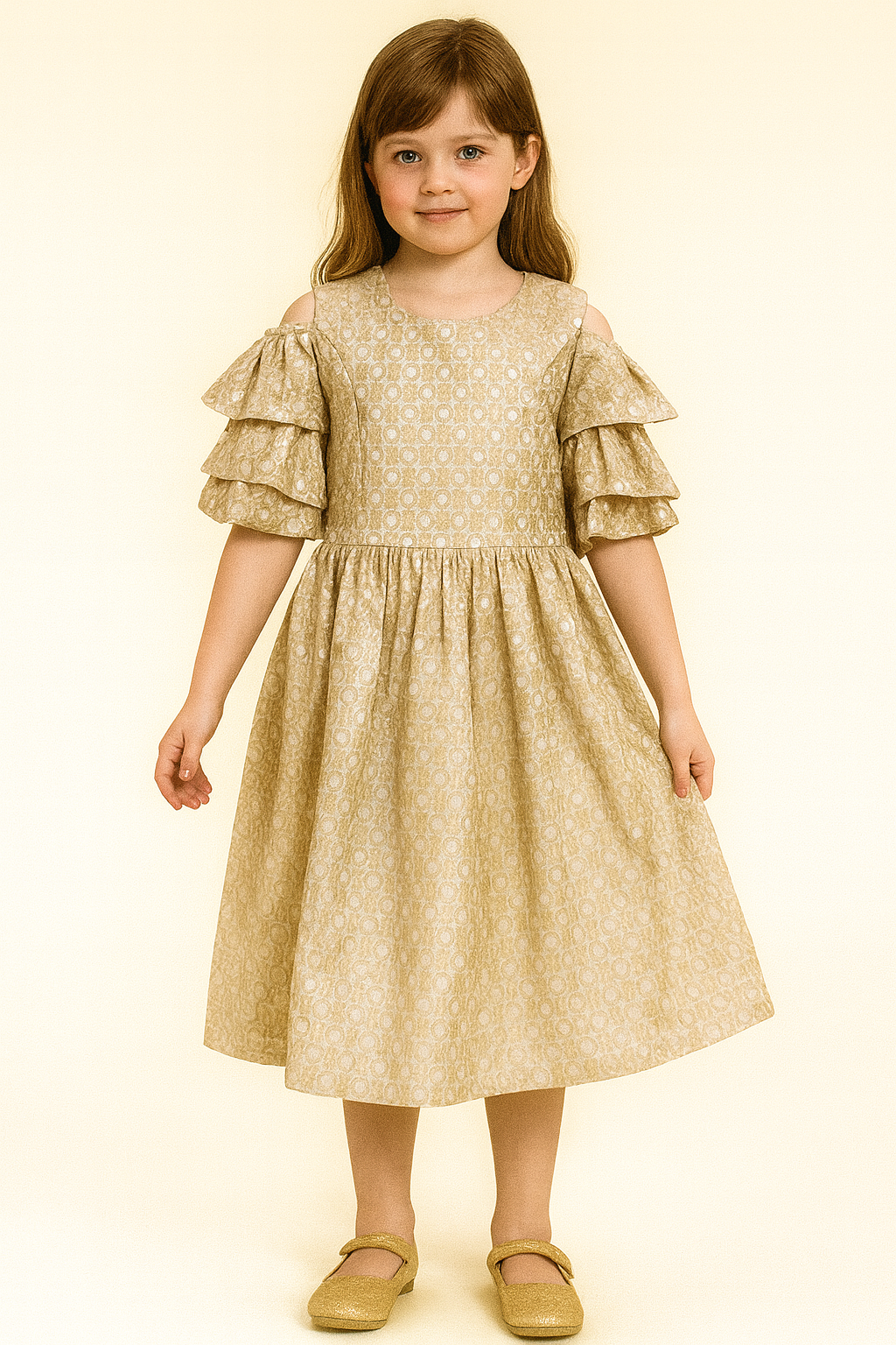 Elegant Beige Girls Midi Dress with Shimmer Circle Pattern and Triple-Layered Ruffle Sleeves