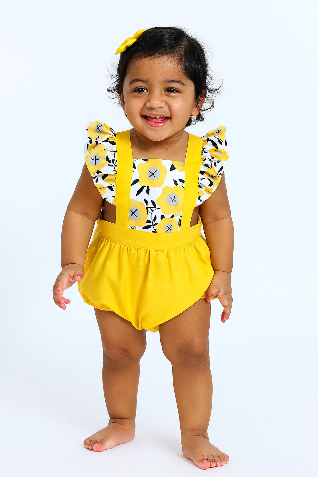 Yellow Floral Print Ruffle Sleeve Baby Romper - Inayah Fashion