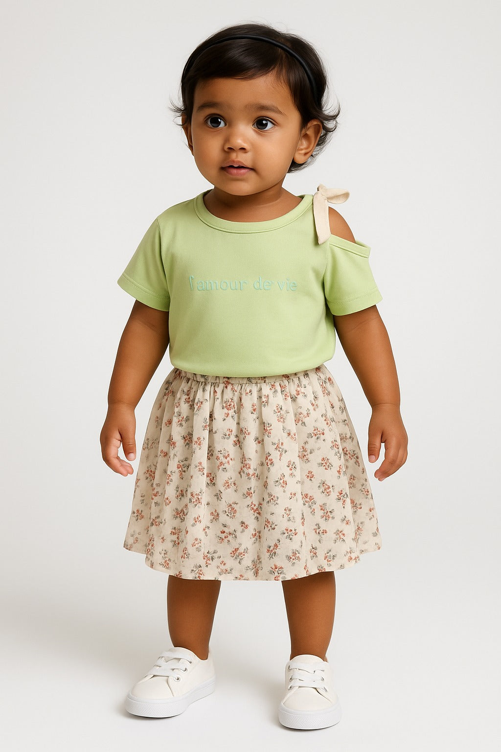 Cold Shoulder Green Top with Floral Skirt Set for Girls - Inayah Fashion