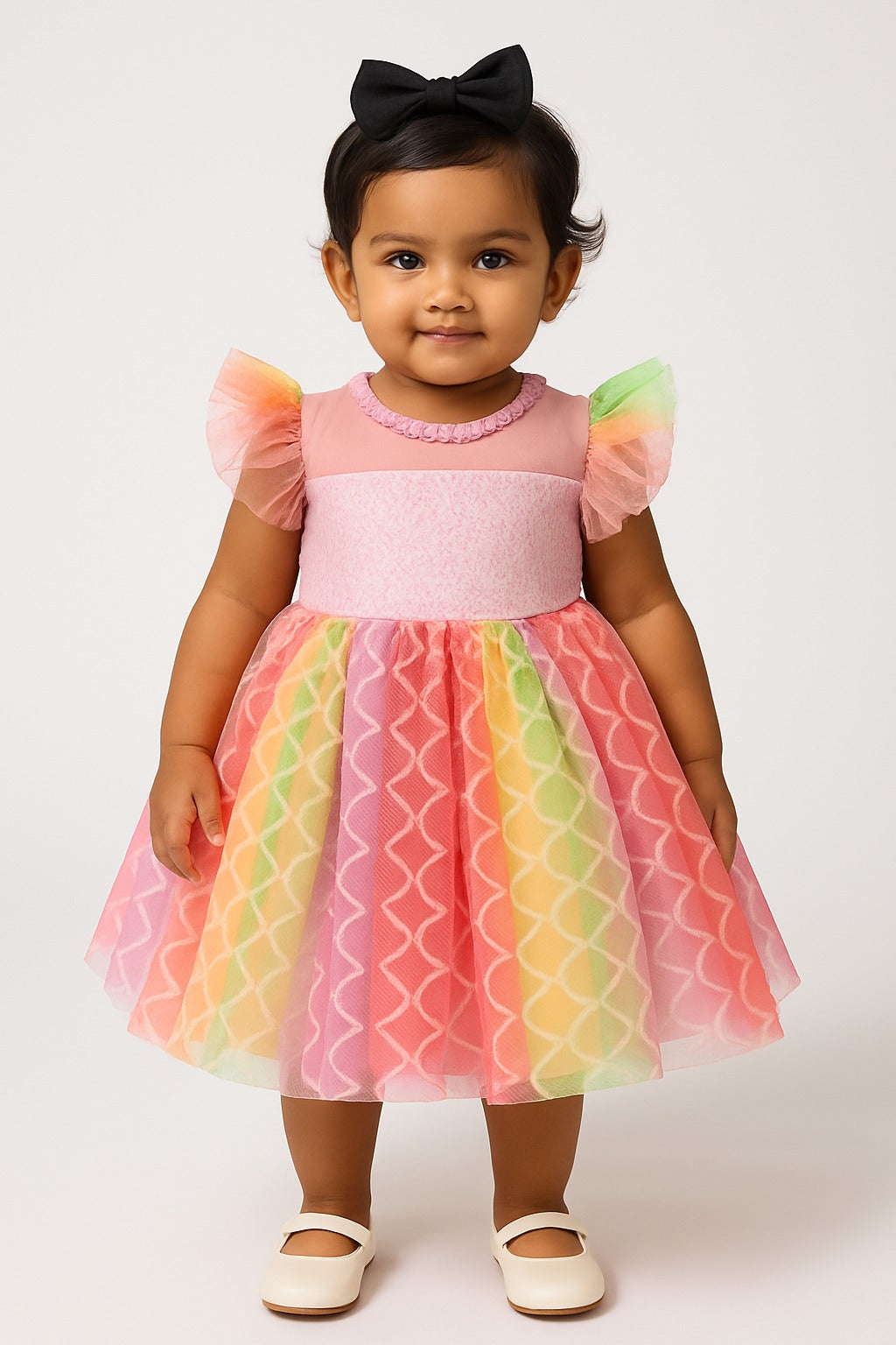 Rainbow Pastel Mesh Party Frock for Baby Girls with Puff Sleeves and Scallop Net Skirt - Inayah Fashion