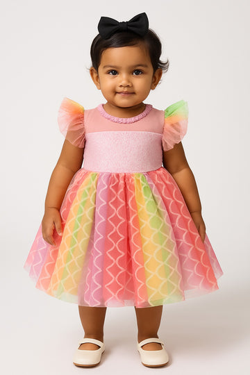 Rainbow Pastel Mesh Party Frock for Baby Girls with Puff Sleeves and Scallop Net Skirt - Inayah Fashion