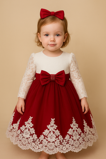 Elegant Red & White Lace Party Frock with Bow – Premium Baby Girl Dress