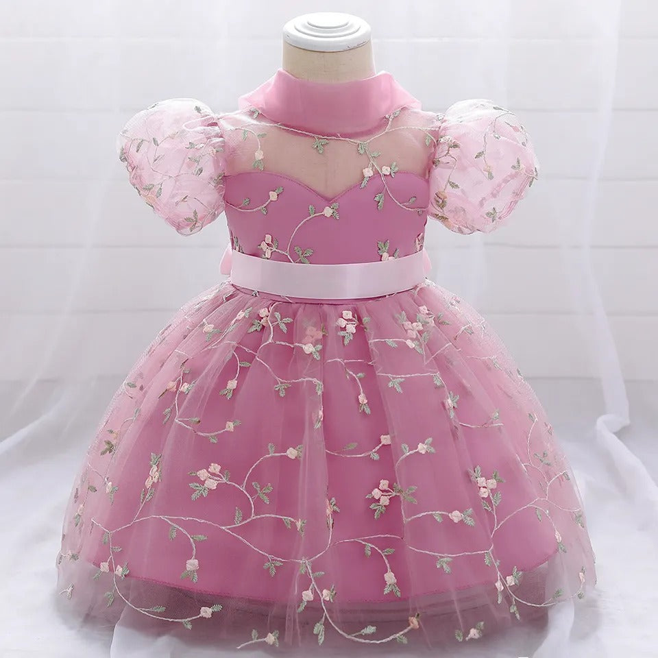 Blossom Pink Floral Embroidered Gown – Elegant Baby Girl Party Dress