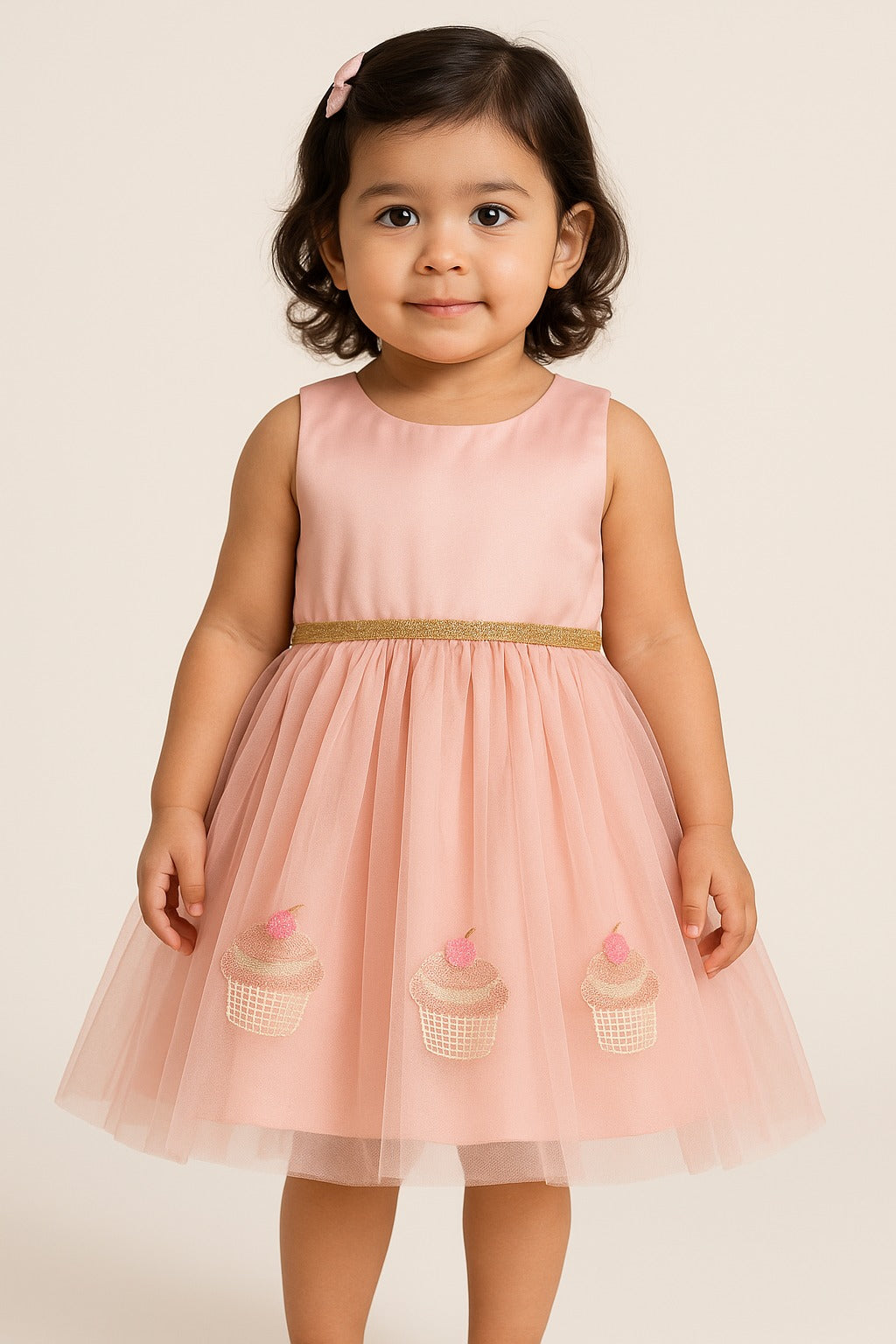 Blush Pink Sleeveless Party Frock with Sparkling Cupcake Sequin Embroidery and Golden Waist Belt