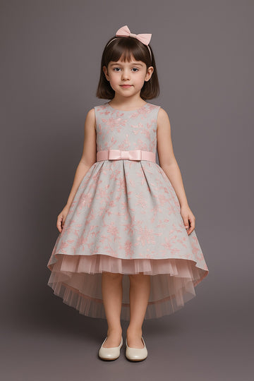 Elegant Silver & Blush Pink High-Low Party Gown for Girls