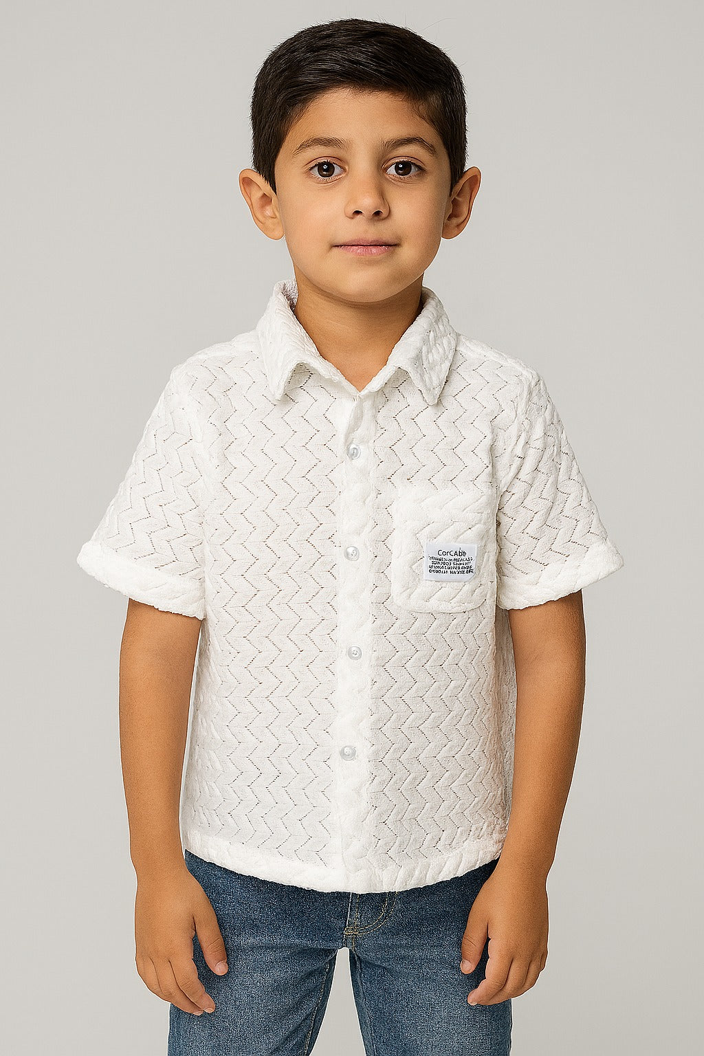 Boys White Textured Short Sleeve Shirt