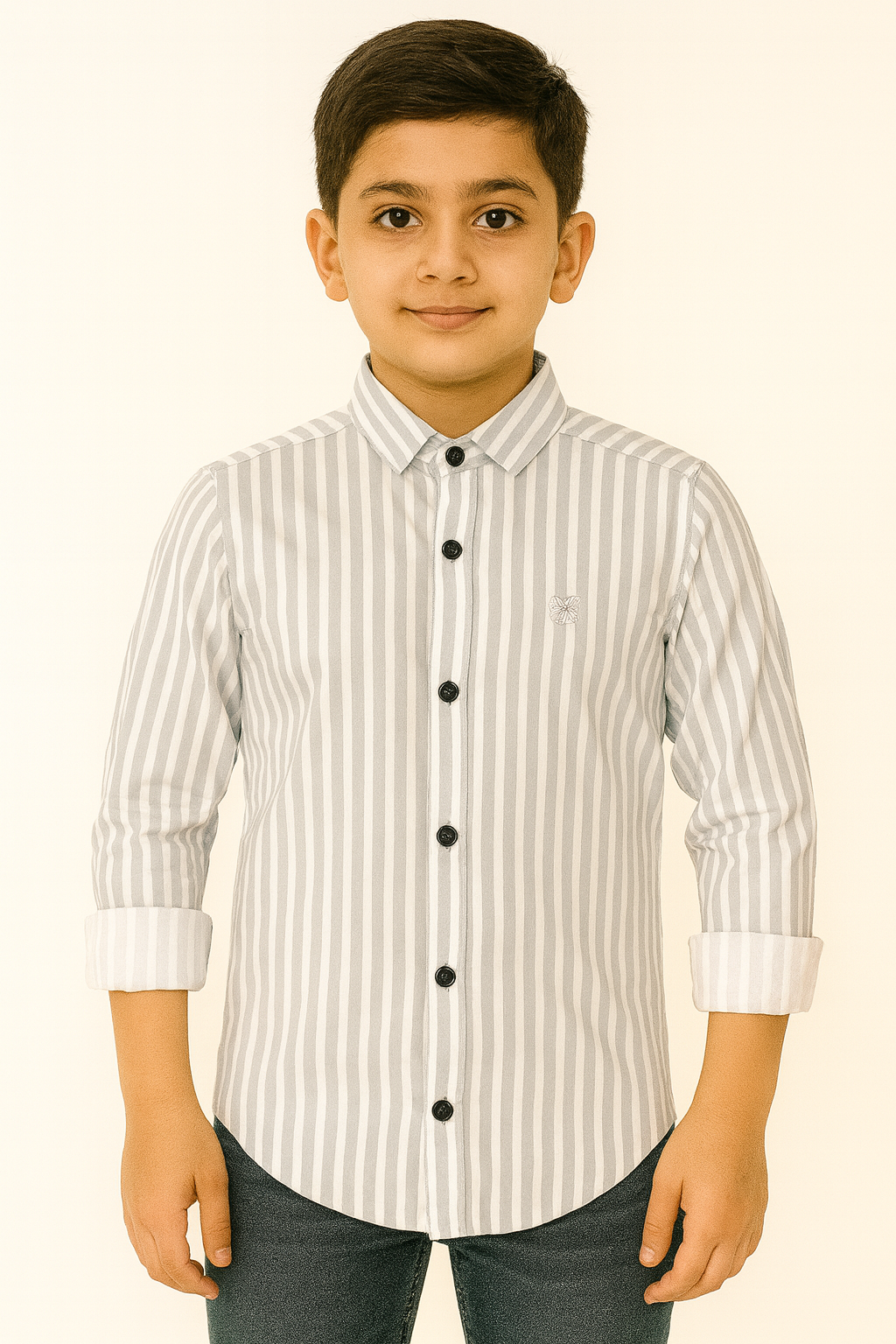 Grey and White Striped Full Sleeve Cotton Shirt