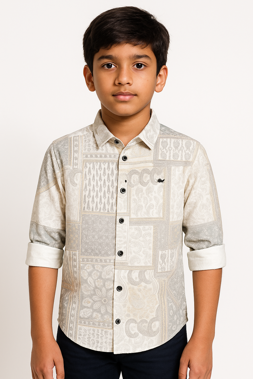 Beige and Grey Printed Full Sleeve Cotton Shirt