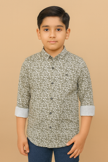 Olive Green Printed Cotton Shirt for Boys