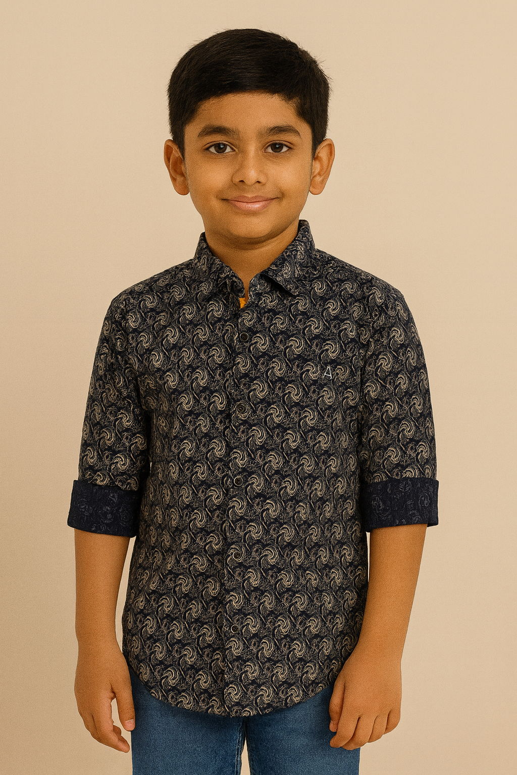 Navy Blue Printed Cotton Shirt for Boys