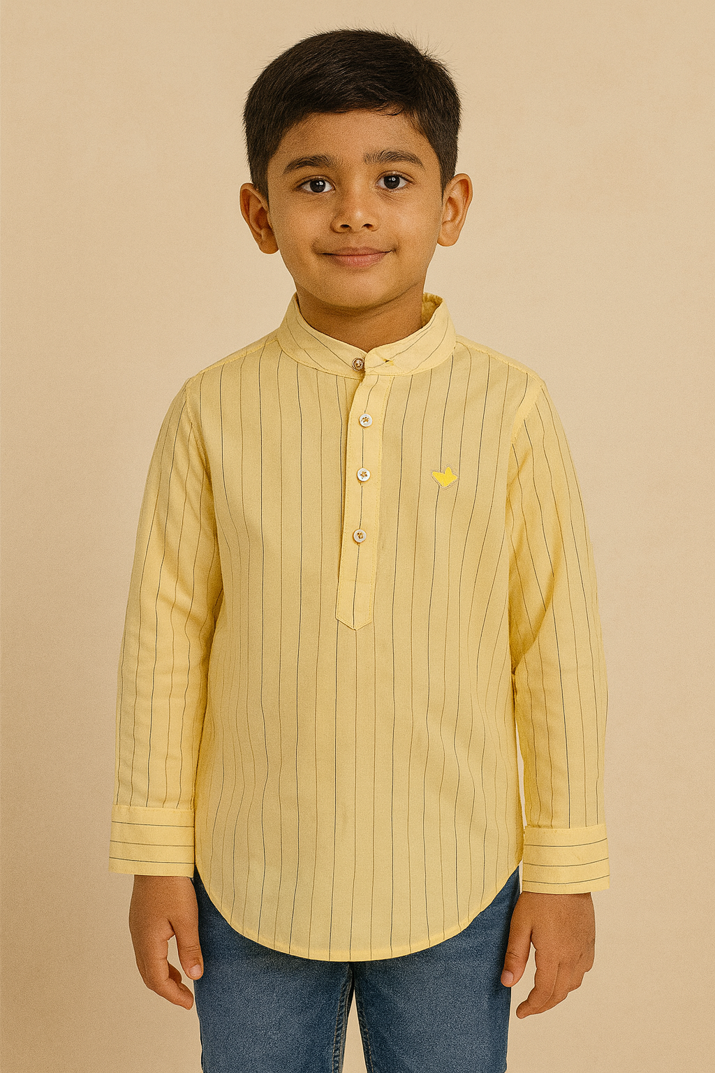 Yellow Striped Mandarin Collar Shirt for Boys