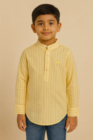Yellow Striped Mandarin Collar Shirt for Boys