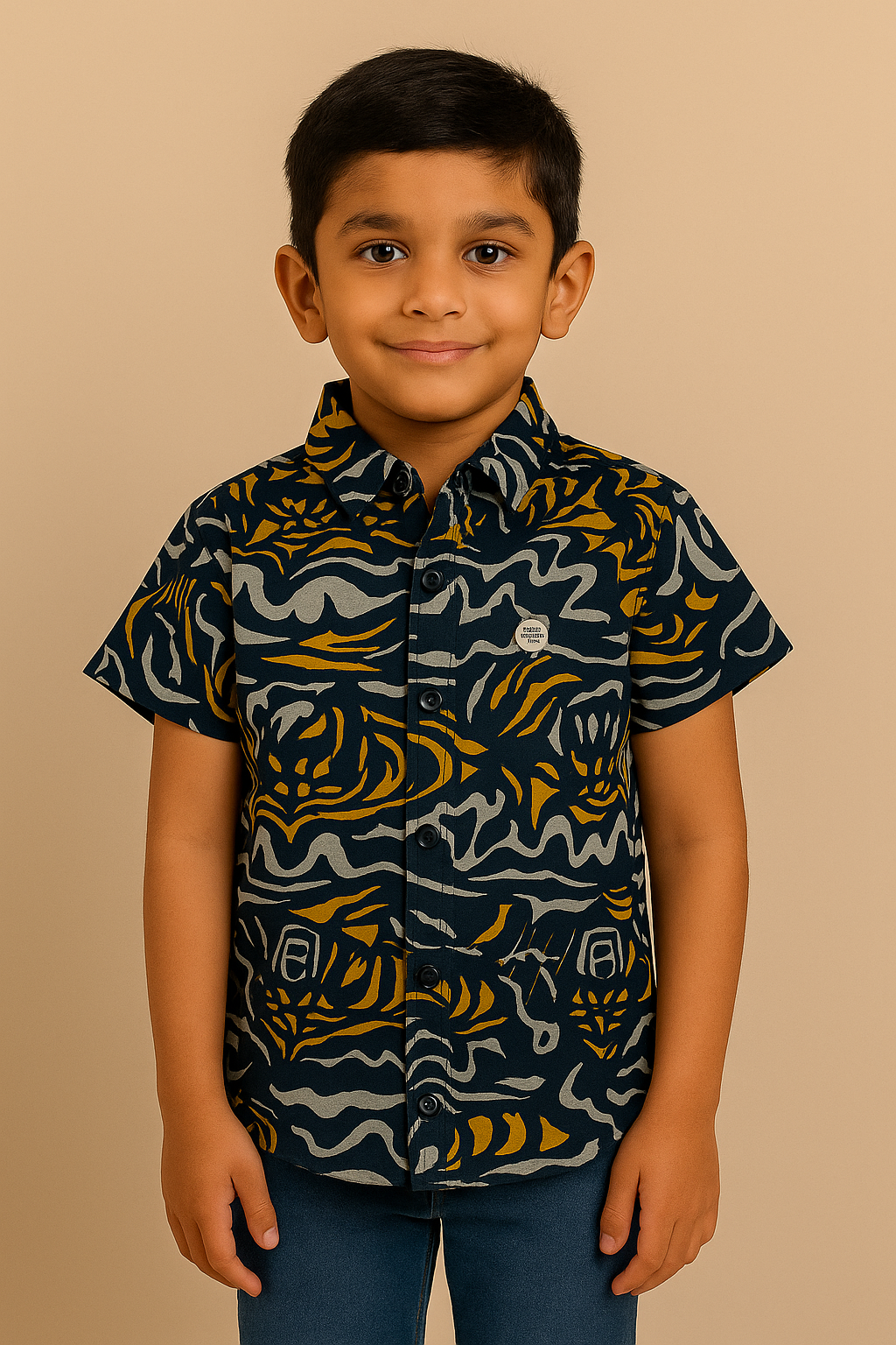Navy Blue & Mustard Abstract Printed Short-Sleeve Shirt for Boys