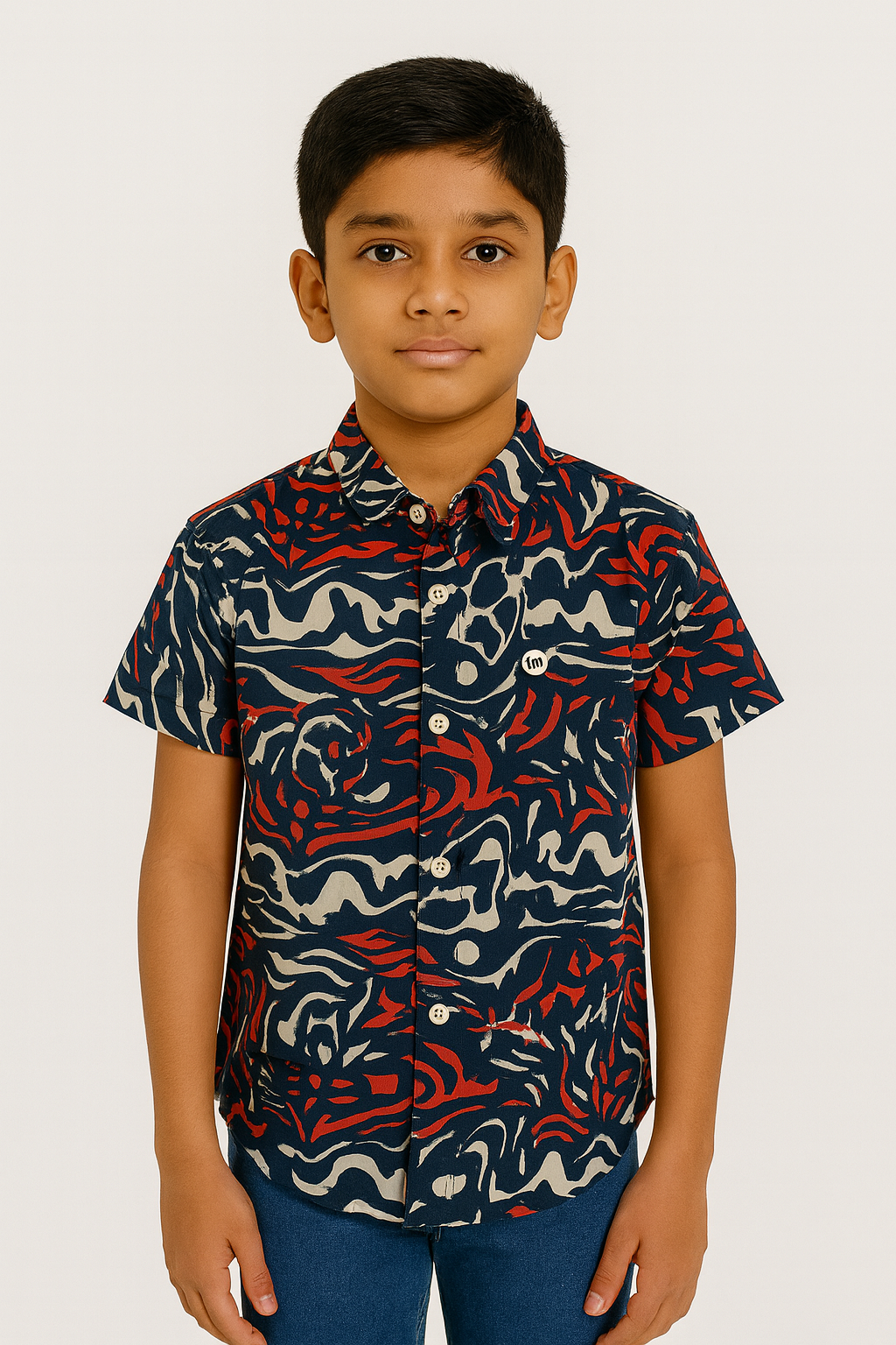 Navy Blue & Red Abstract Printed Short-Sleeve Shirt for Boys