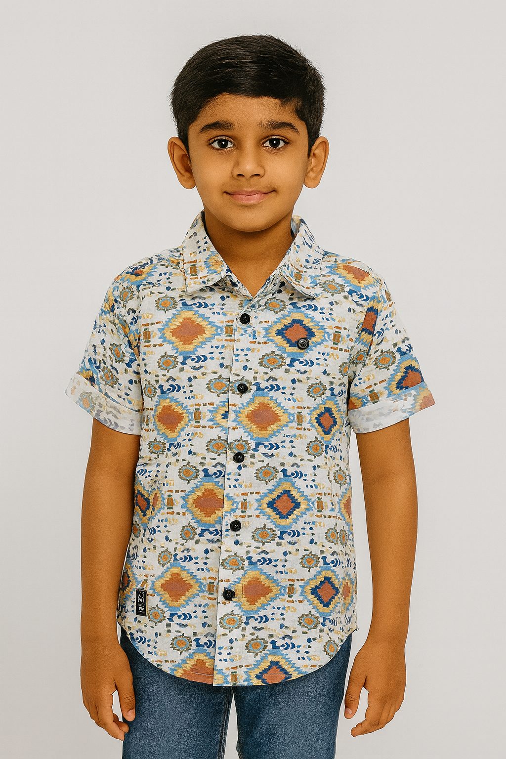 Multicolor Ikat Printed Short-Sleeve Cotton Shirt for Boys