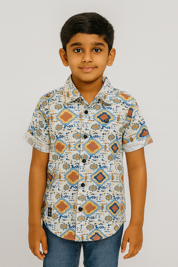 Multicolor Ikat Printed Short-Sleeve Cotton Shirt for Boys