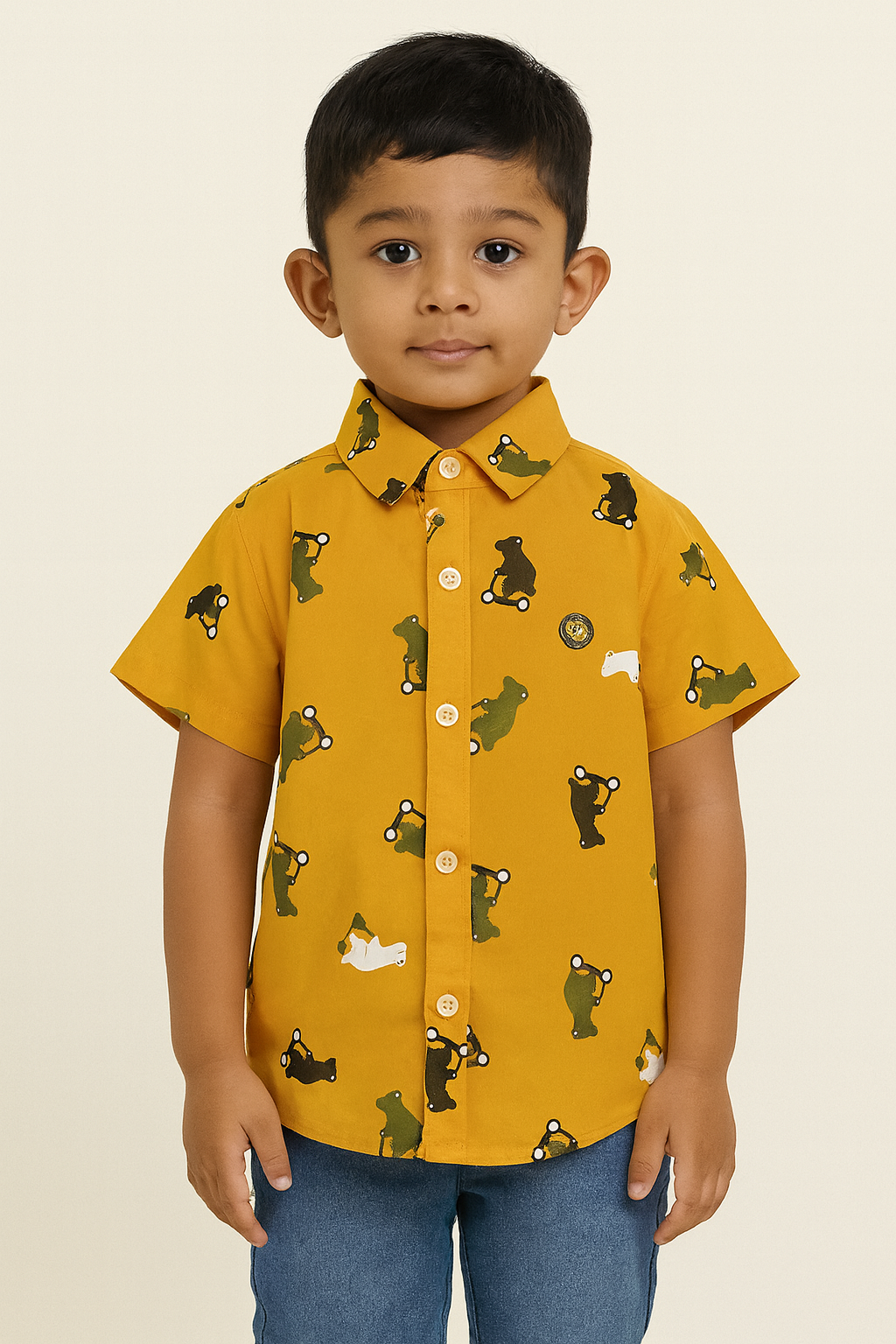 Mustard Yellow Cartoon Bear Printed Short-Sleeve Shirt for Boys