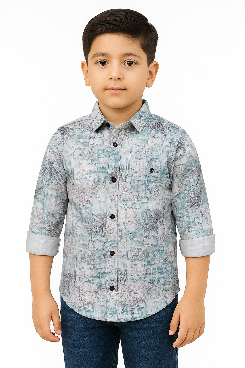 Grey & Teal Floral Printed Full Sleeve Shirt for Boys