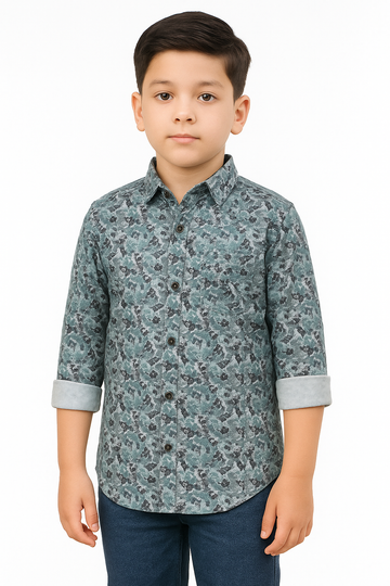Teal Textured Printed Full Sleeve Shirt for Boys