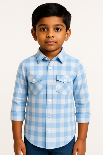 Sky Blue & White Checkered Full Sleeve Shirt for Boys