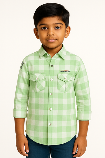 Light Green & White Checkered Full Sleeve Shirt for Boys