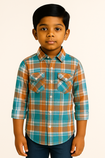 Boys Teal & Brown Premium Checkered Casual Shirt