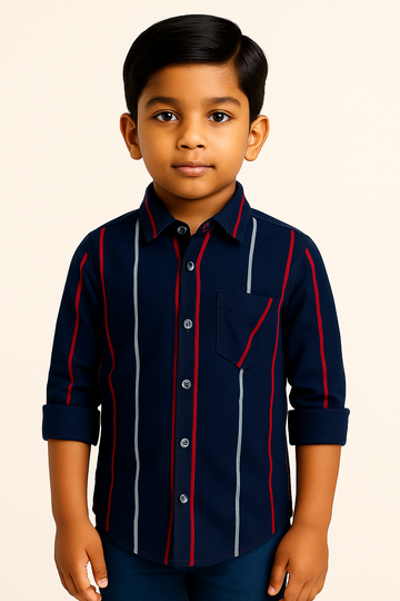 Boys Navy Blue Vertical Striped Casual Shirt