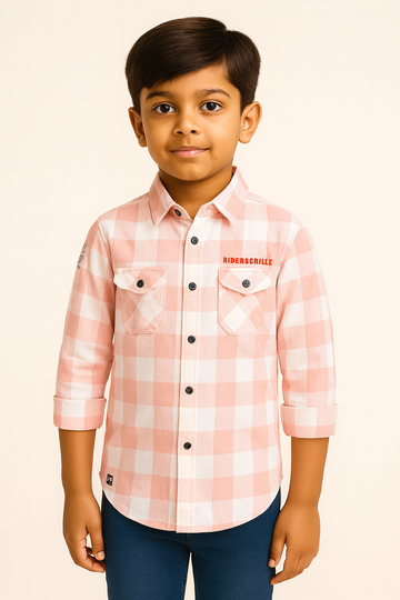 Boys Peach & White Premium Checkered Casual Shirt
