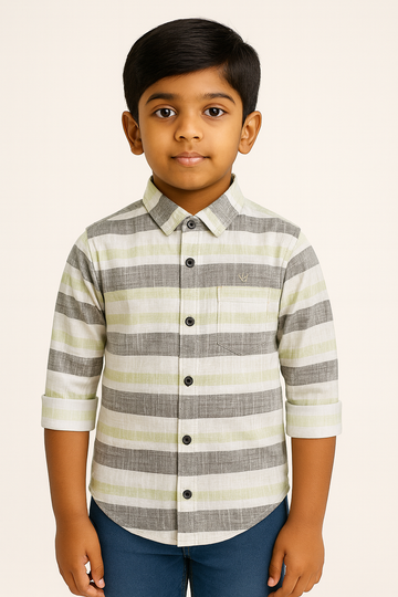 Boys Pastel Green & Grey Premium Striped Shirt