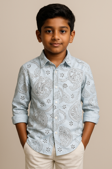 Boys’ Sky Blue Paisley Printed Full Sleeve Shirt