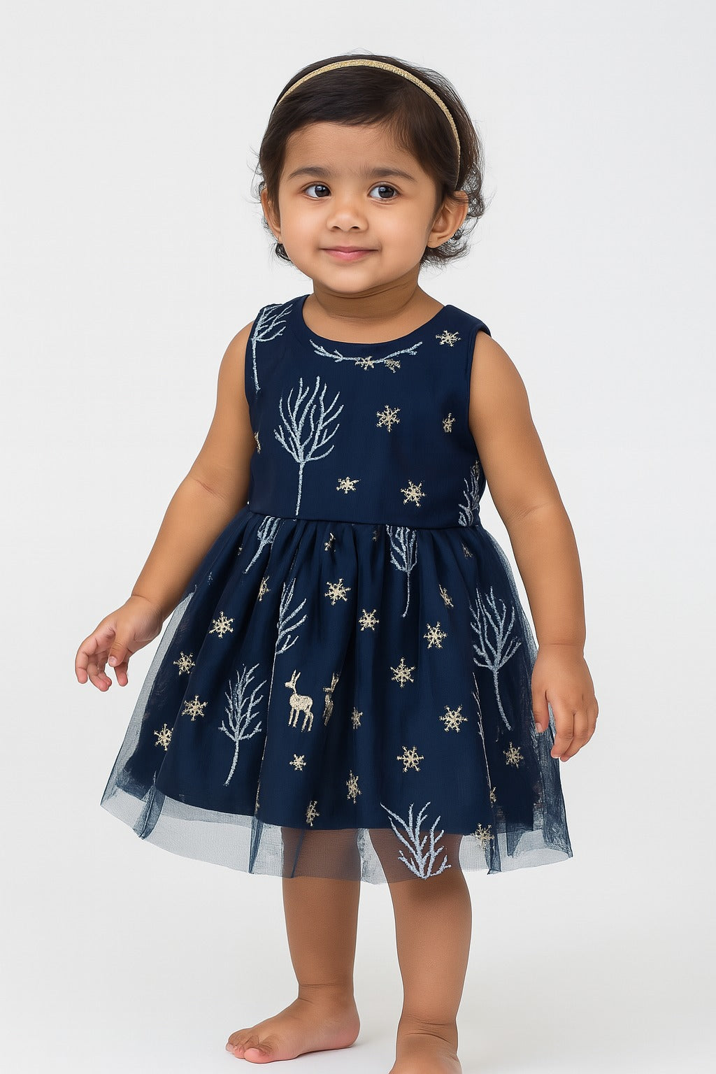 Adorable Navy Blue Sleeveless Dress for Girls with Forest Theme Embroidery and Net Overlay