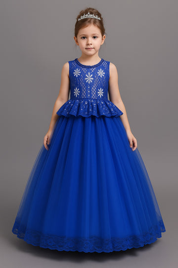 Royal Blue Sleeveless Gown with Lace Bodice and Tulle Flare for Girls