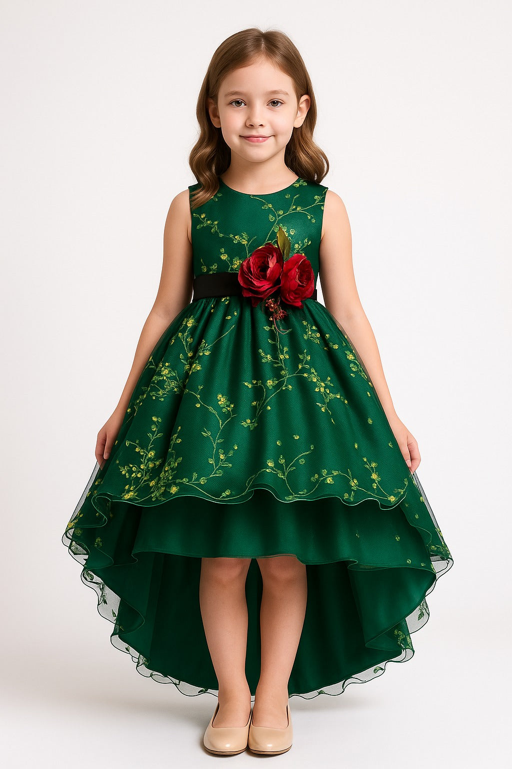 Elegant Dark Green High-Low Party Gown for Girls with 3D Red Floral Accent and Yellow Embroidered
