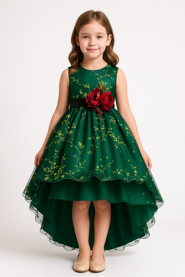 Elegant Dark Green High-Low Party Gown for Girls with 3D Red Floral Accent and Yellow Embroidered