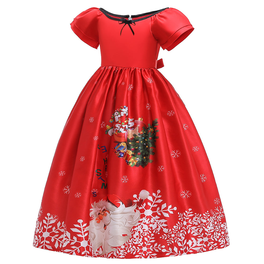 Girls' Red Christmas Party Dress – Santa & Christmas Tree Printed Gown