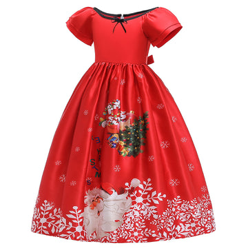 Girls' Red Christmas Party Dress – Santa & Christmas Tree Printed Gown